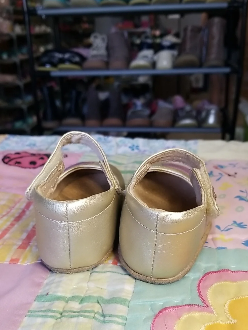 Livie & Luca Metallic Gold Leather Mary Janes with Purple Bird 12-18 Month Pio